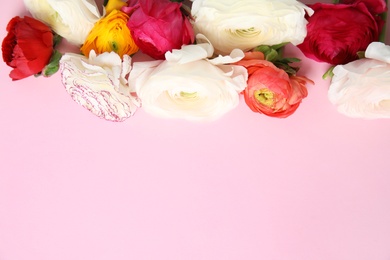 Photo of Beautiful ranunculus flowers on color background, top view. Space for text