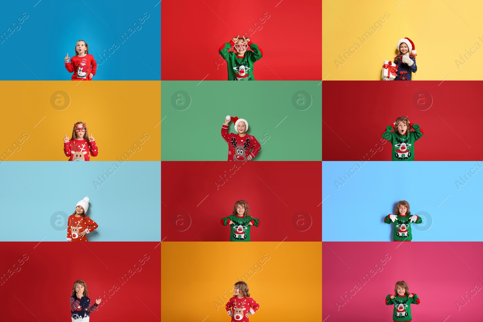 Image of Collage with photos of adorable children in different Christmas sweaters on color backgrounds