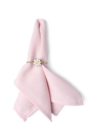 Pink fabric napkin with decorative ring for table setting on white background, top view
