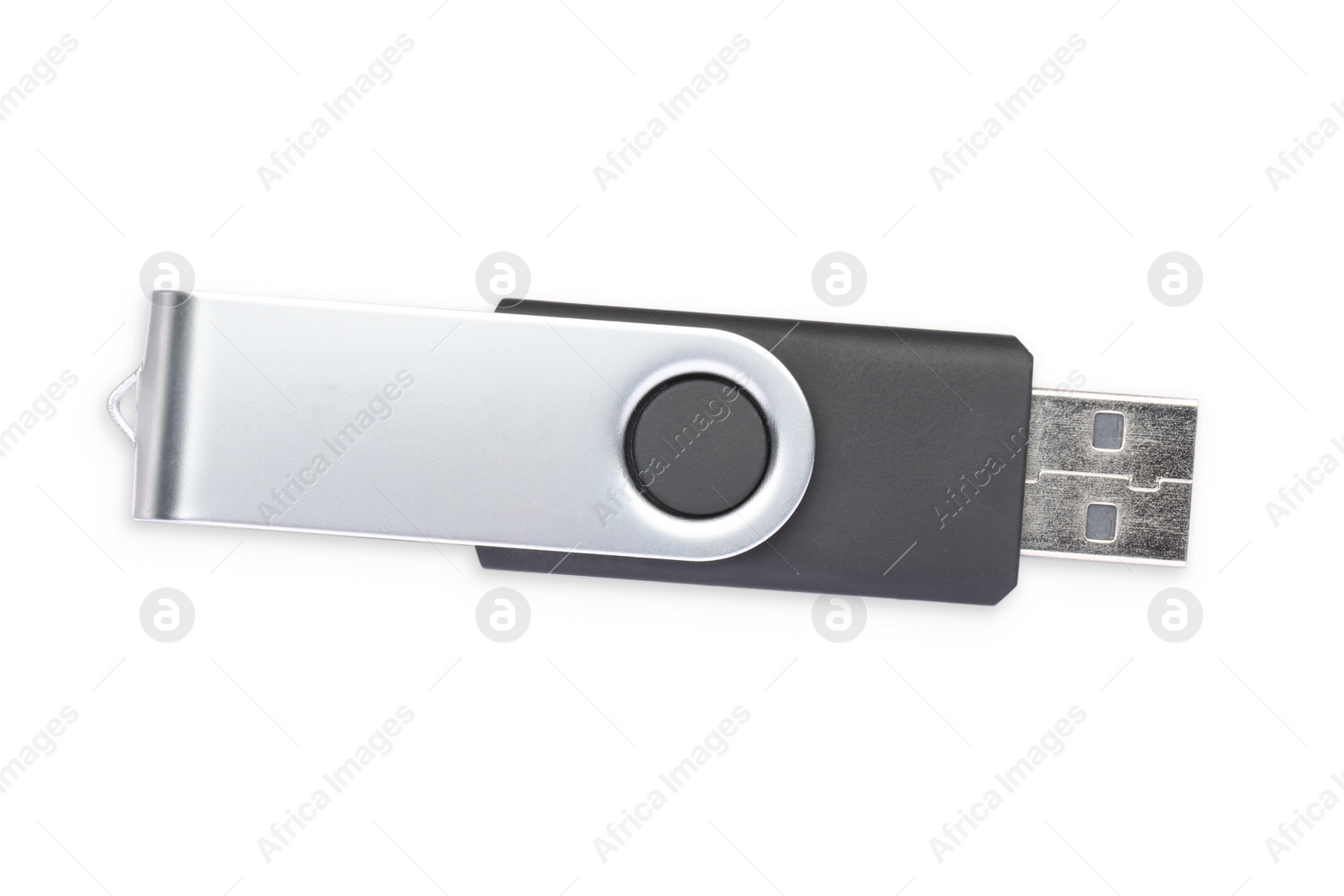 Photo of Modern usb flash drive isolated on white, top view