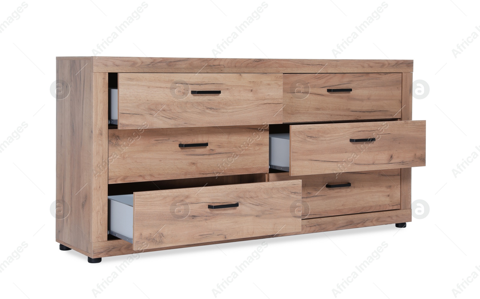 Photo of New wooden chest of drawers isolated on white