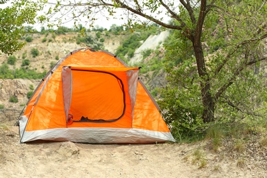 Orange camping tent near tree in wilderness