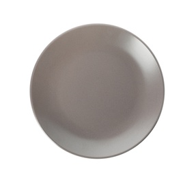 Photo of New grey ceramic plate isolated on white, top view