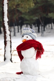 Funny snowman with scarf and hat in winter forest