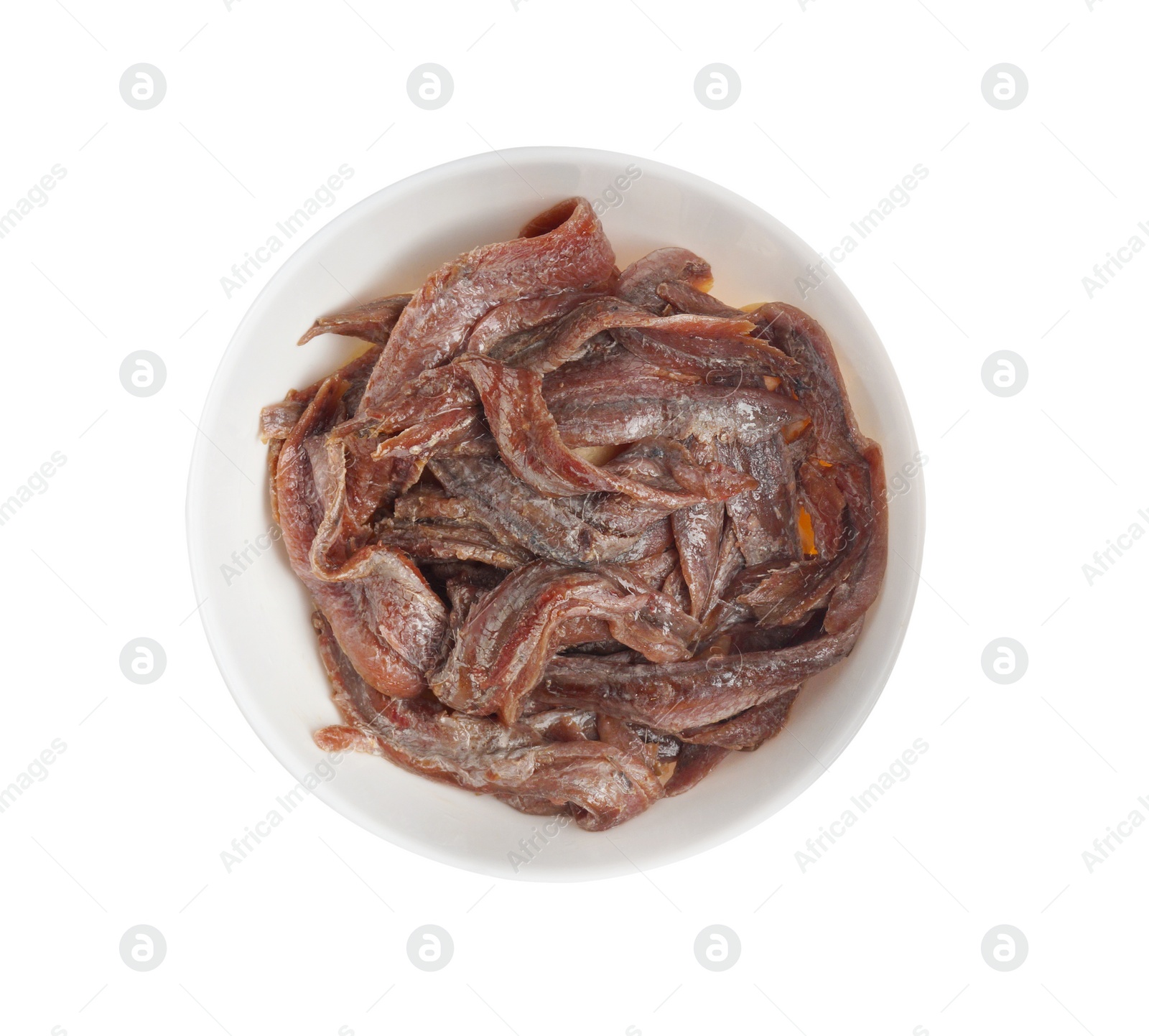 Photo of Anchovy fillets in bowl on white background, top view