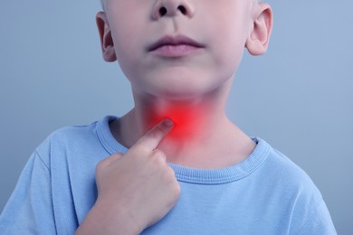 Image of Endocrine system. Boy doing thyroid self examination on light blue background, closeup