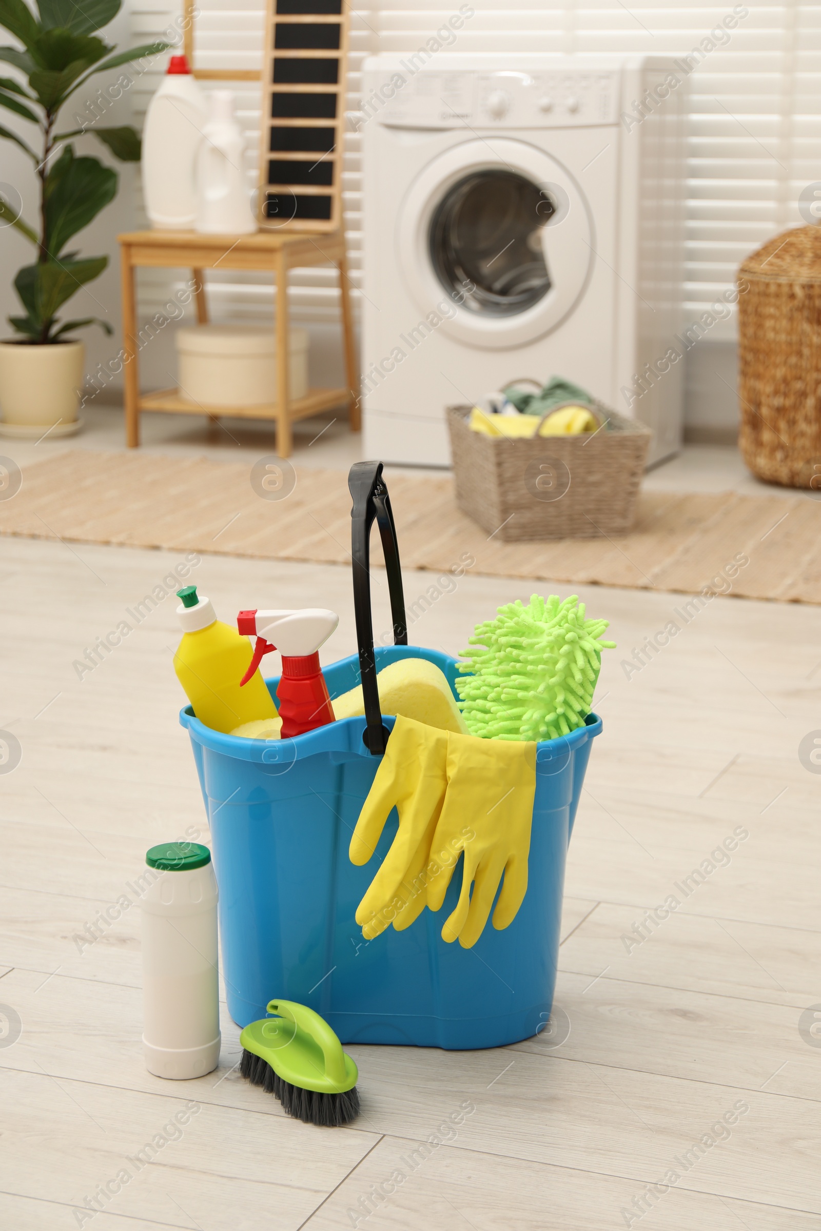 Photo of Different cleaning products and bucket on floor indoors