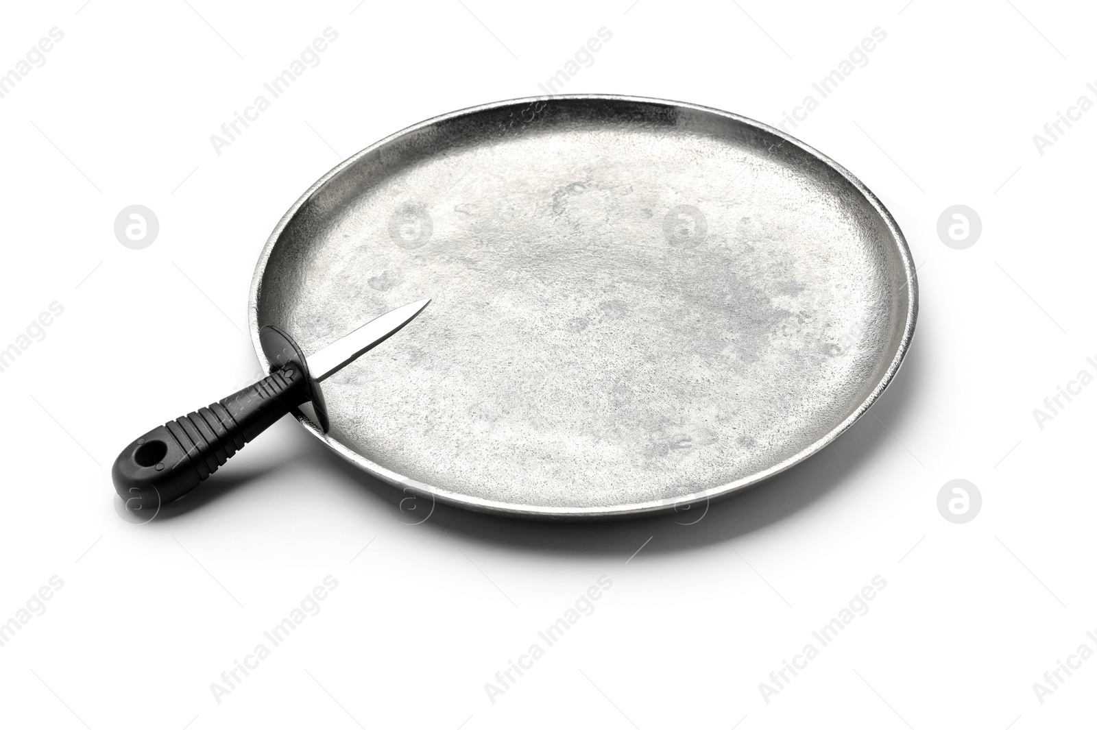 Photo of Stainless steel oyster knife with plastic handle on metal tray against white background