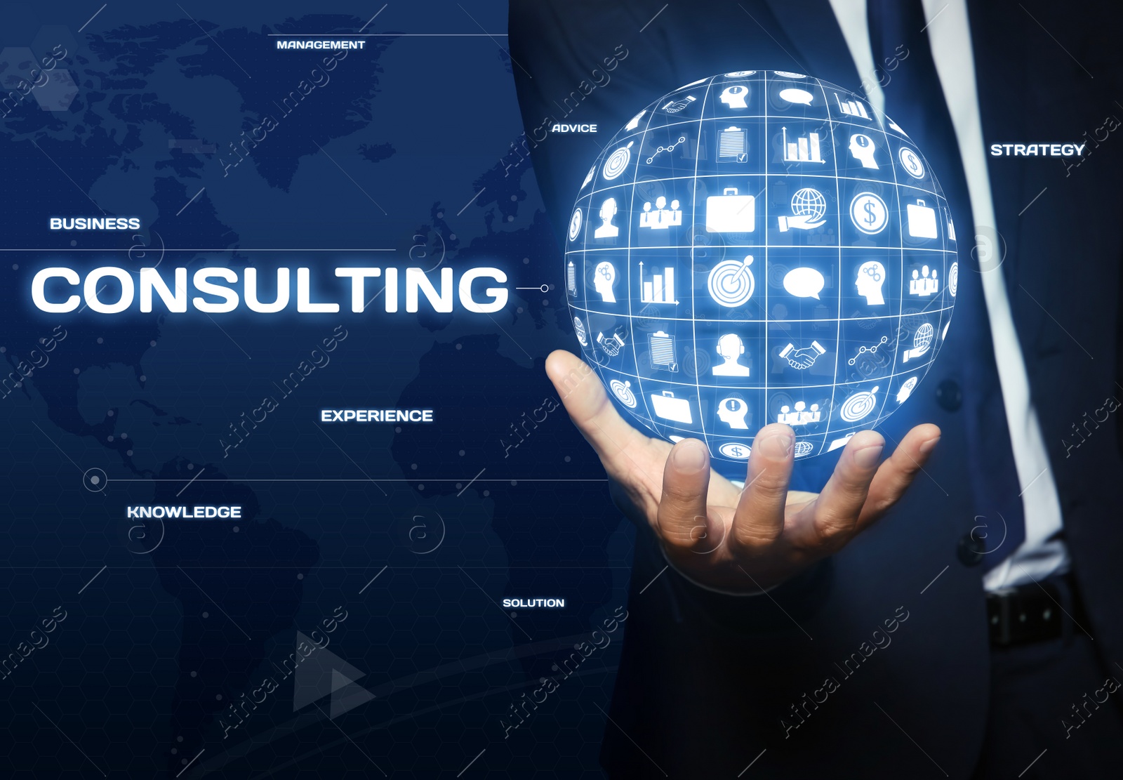 Image of Consulting concept. Man holding virtual globe with different icons, closeup