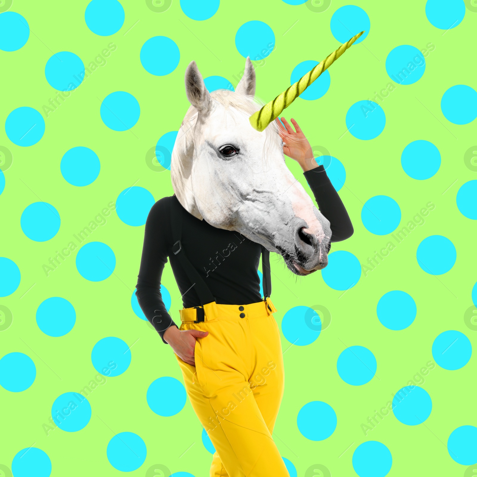 Image of Modern art collage. Woman with unicorn's head on color background