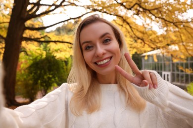 Portrait of happy woman taking selfie and showing peace sign in autumn park
