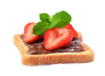 Photo of Delicious toast with nut cream, strawberries and mint isolated on white