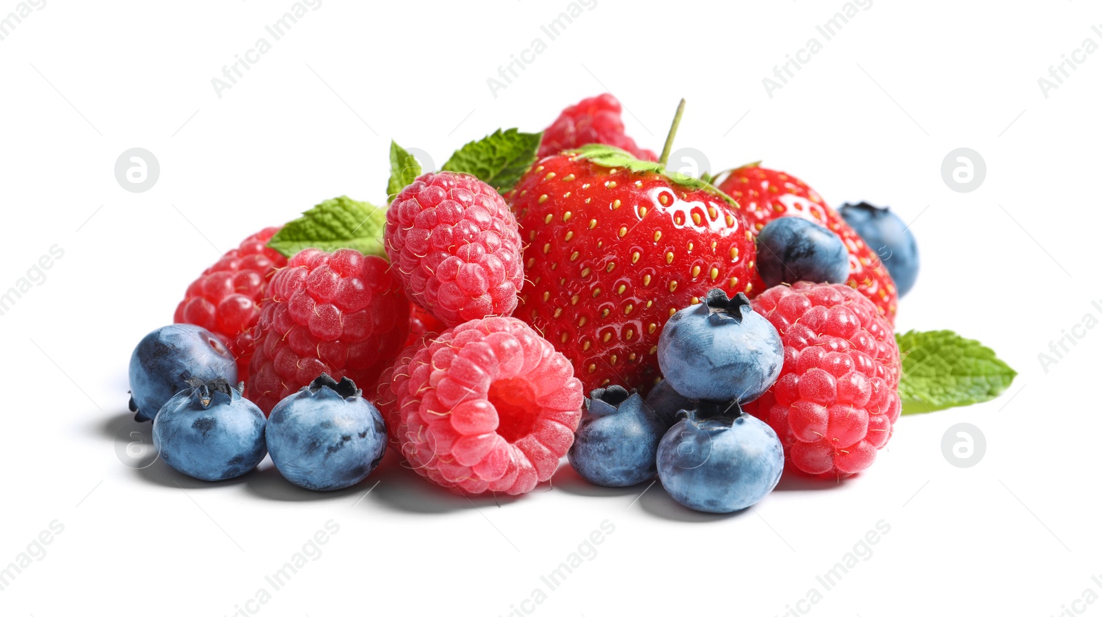 Photo of Raspberries, strawberries and blueberries on white background