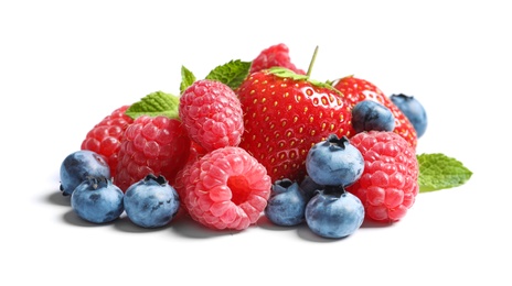 Photo of Raspberries, strawberries and blueberries on white background