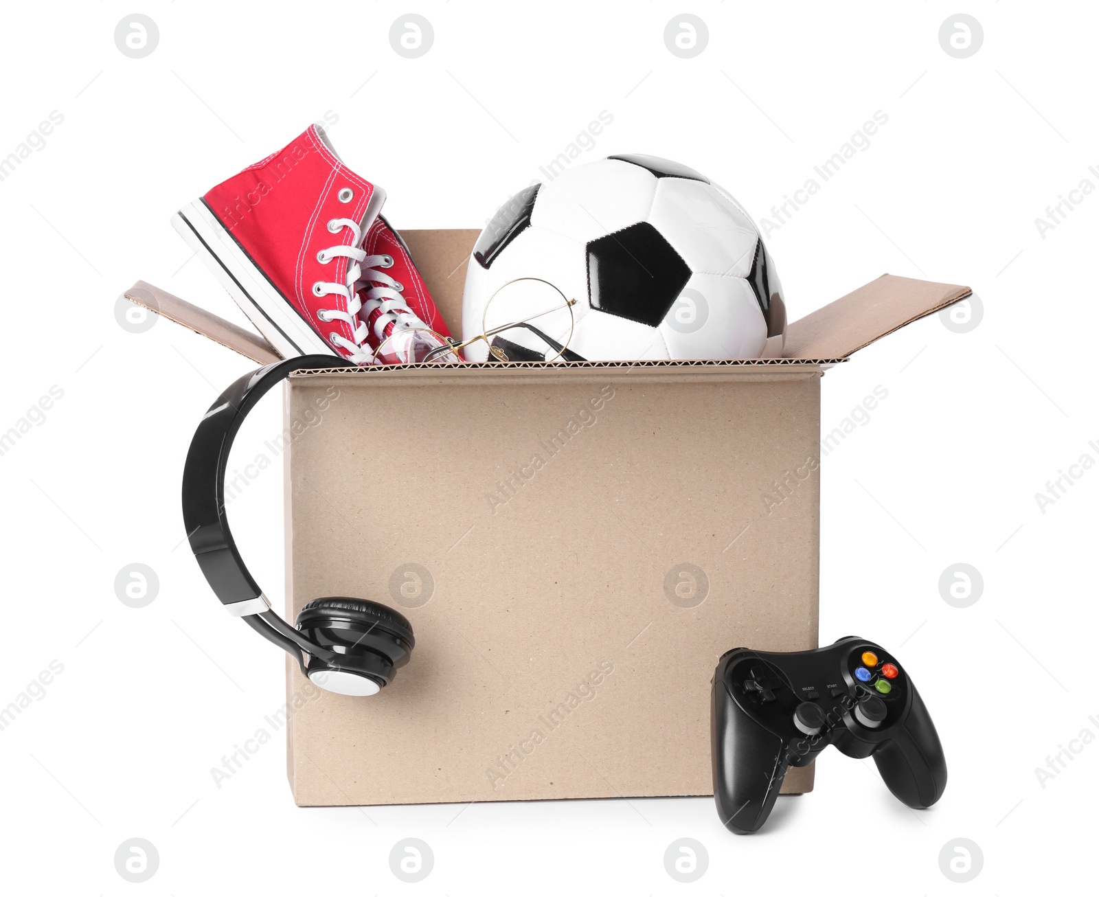 Photo of Box with unwanted stuff isolated on white