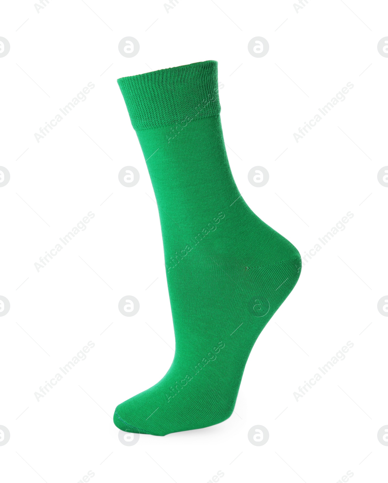 Photo of One new green sock isolated on white