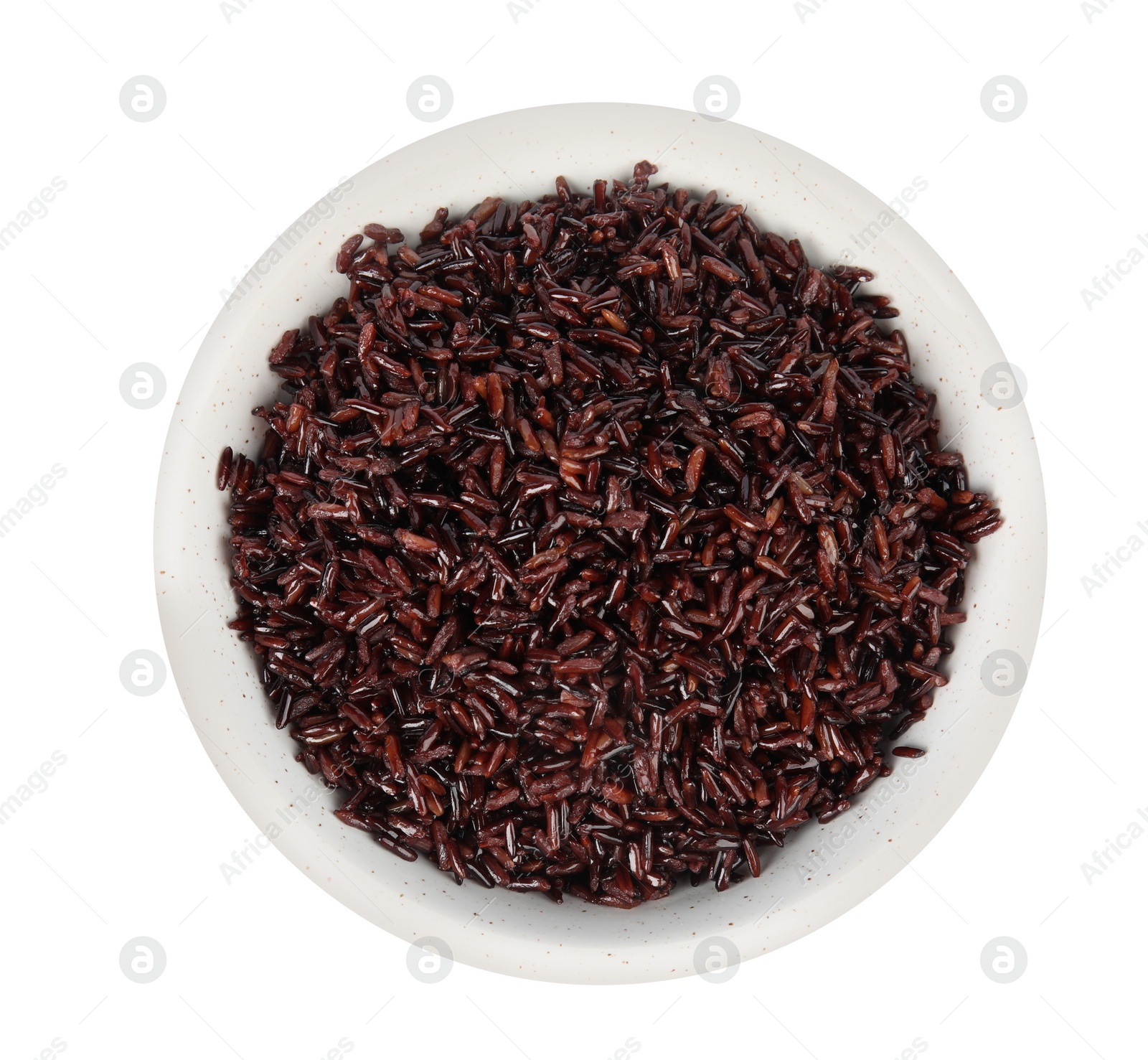 Photo of Bowl with delicious cooked brown rice on white background, top view