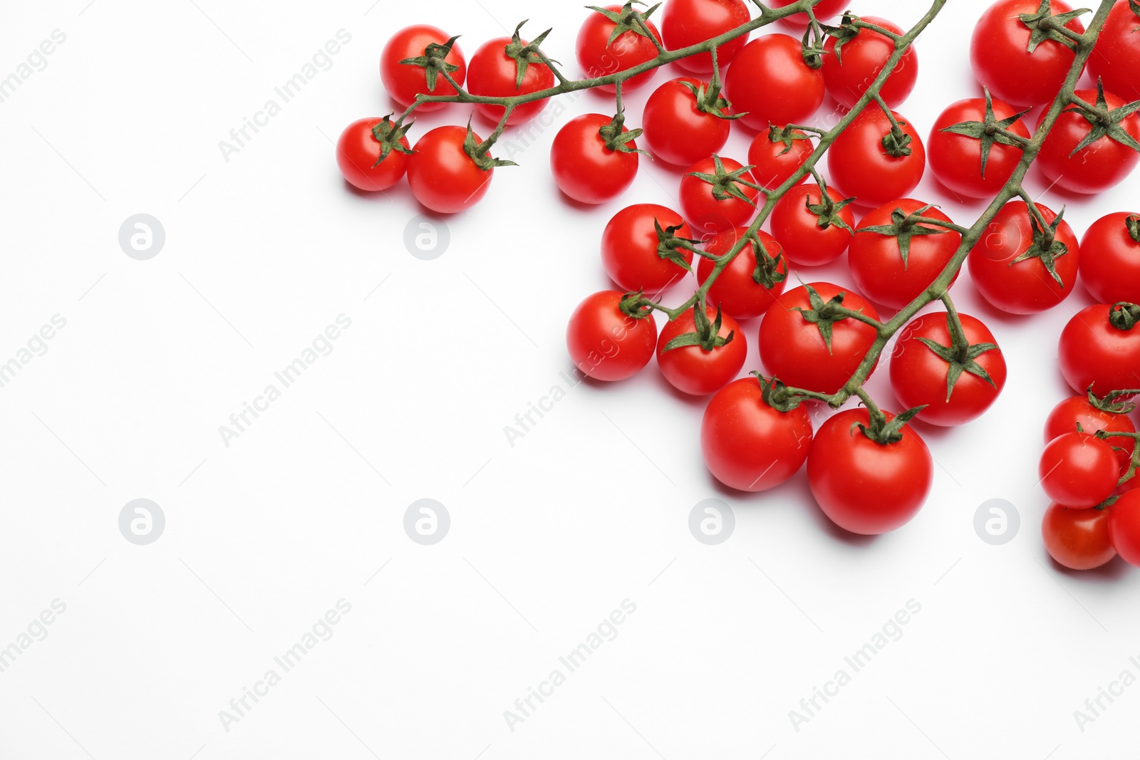 Photo of Fresh cherry tomatoes on white background, top view