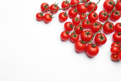 Photo of Fresh cherry tomatoes on white background, top view