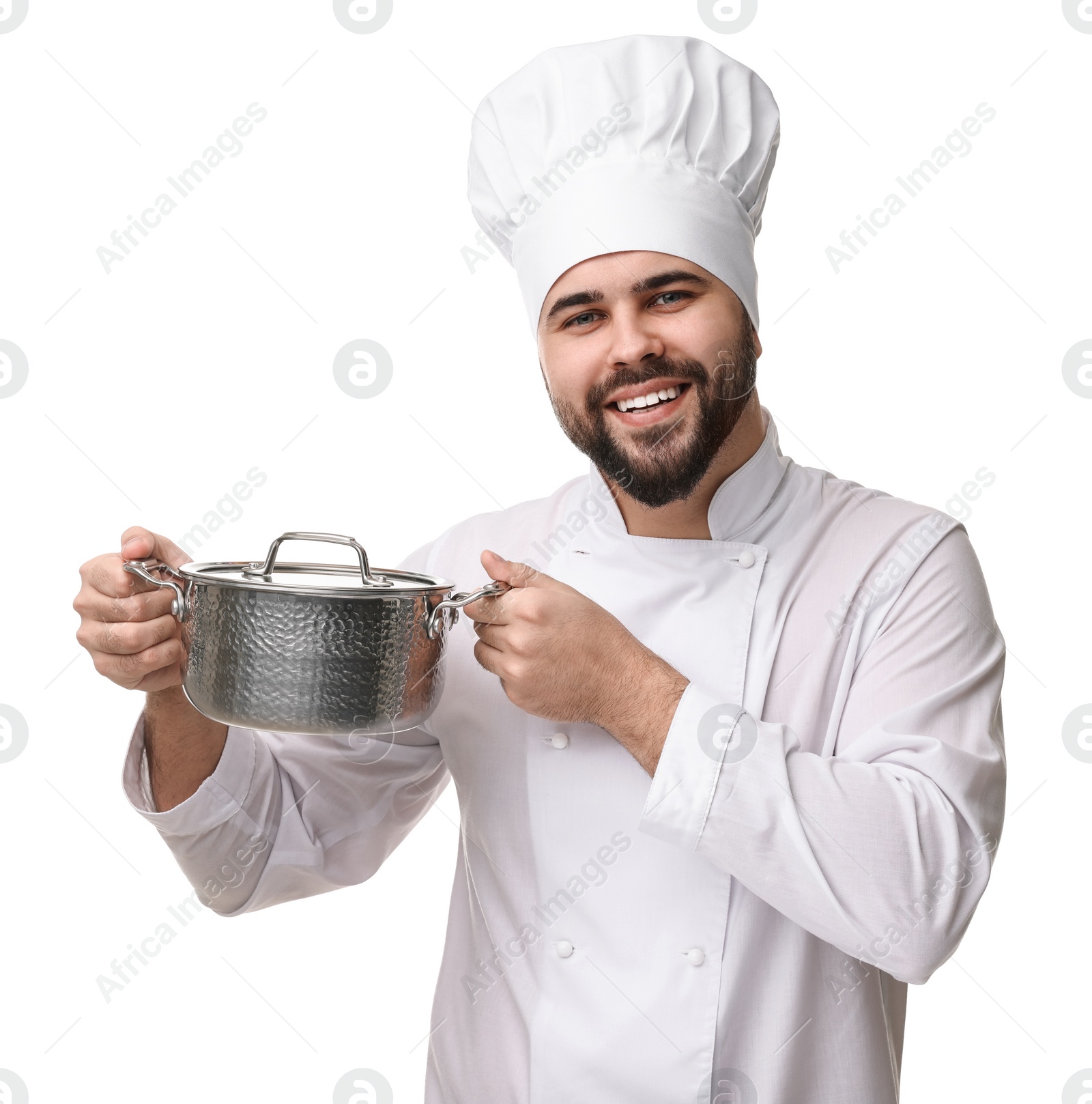 Photo of Happy young chef in uniform holding cooking pot on white background