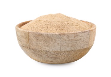 Photo of Dietary fiber. Psyllium husk powder in bowl isolated on white