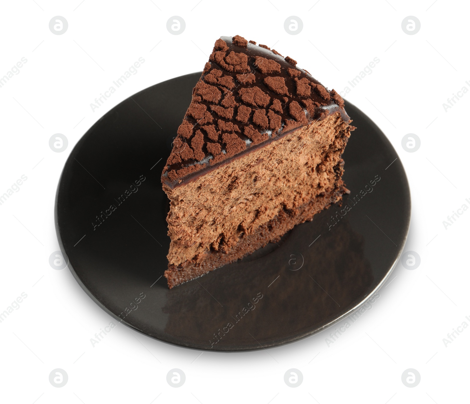 Photo of Piece of delicious chocolate truffle cake isolated on white