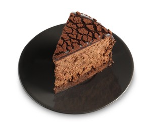 Photo of Piece of delicious chocolate truffle cake isolated on white