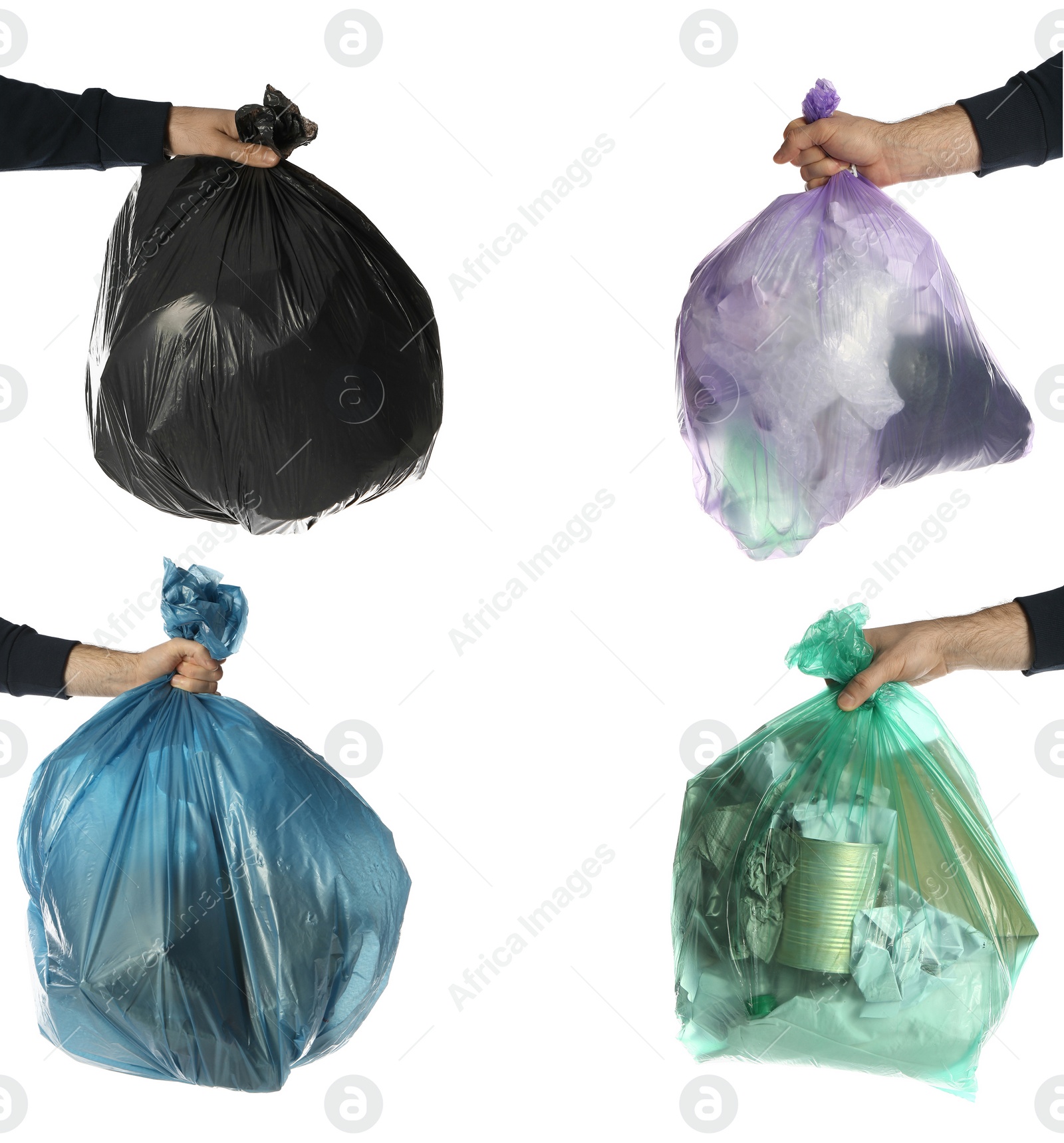 Image of Collage with photos of men holding trash bags on white background, closeup