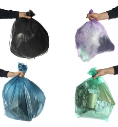 Collage with photos of men holding trash bags on white background, closeup