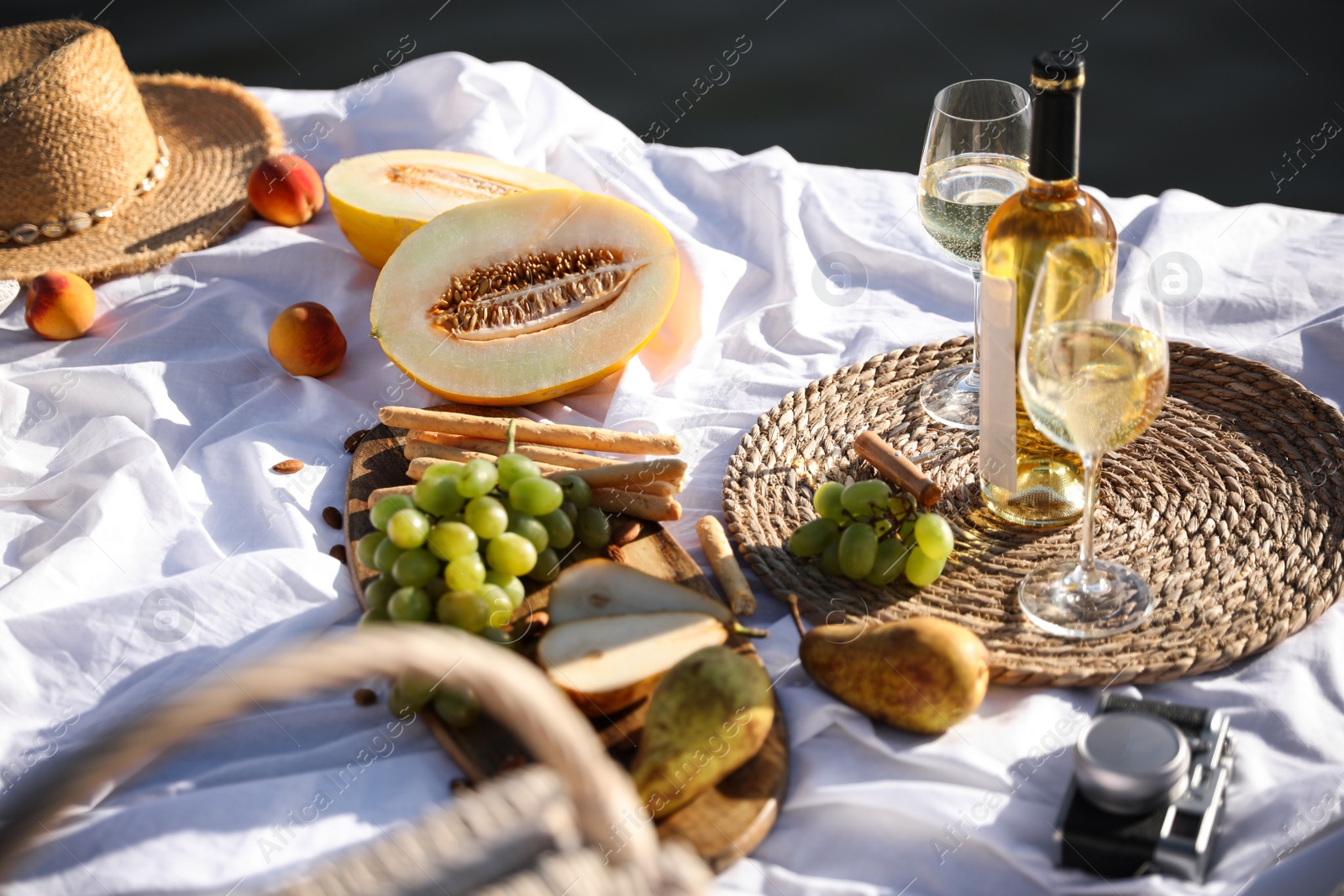 Photo of Delicious food and wine on picnic blanket