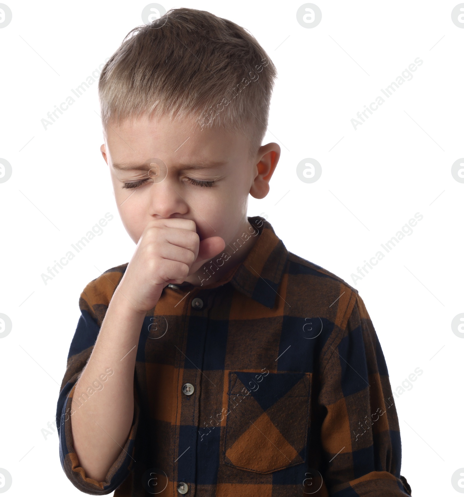 Photo of Sick boy coughing on white background. Cold symptoms