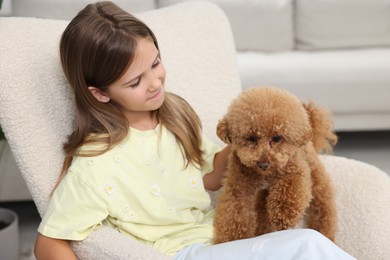 Photo of Little child with cute puppy in armchair at home. Lovely pet