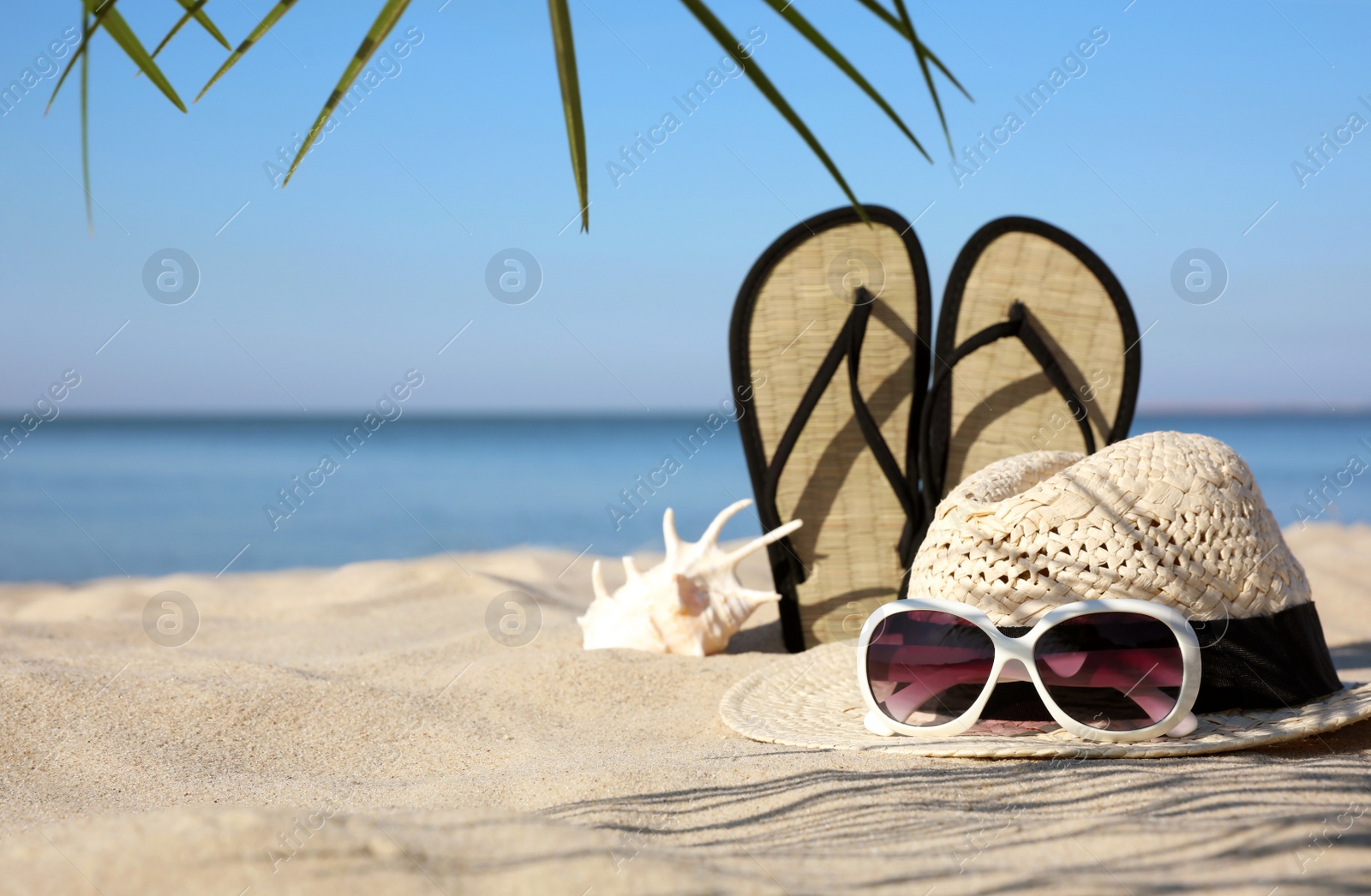 Photo of Stylish beach accessories on sand near sea