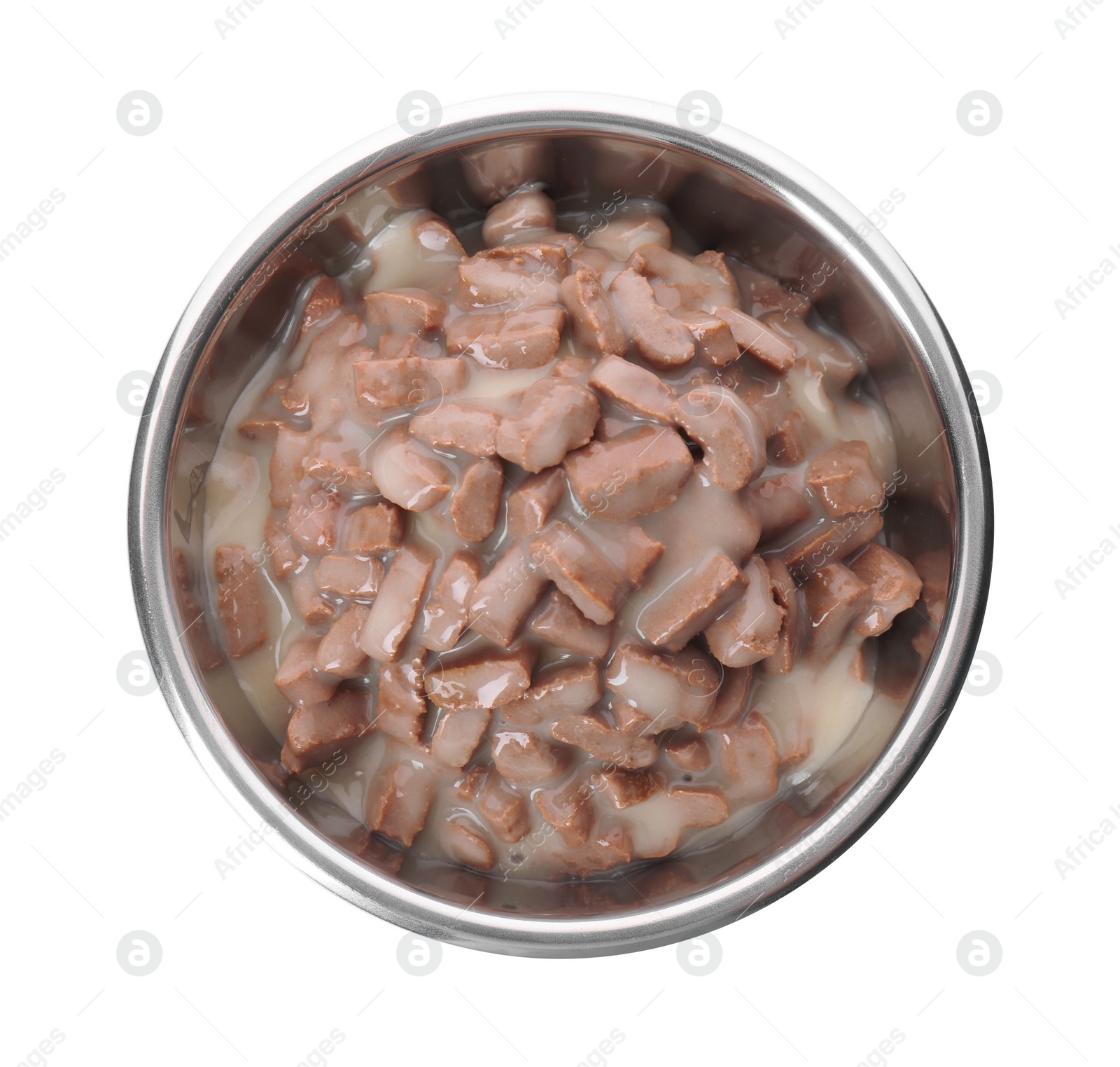 Photo of Wet pet food in feeding bowl isolated on white, top view