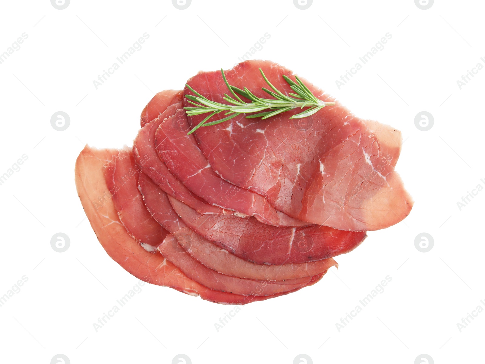 Photo of Slices of tasty bresaola and rosemary isolated on white, top view