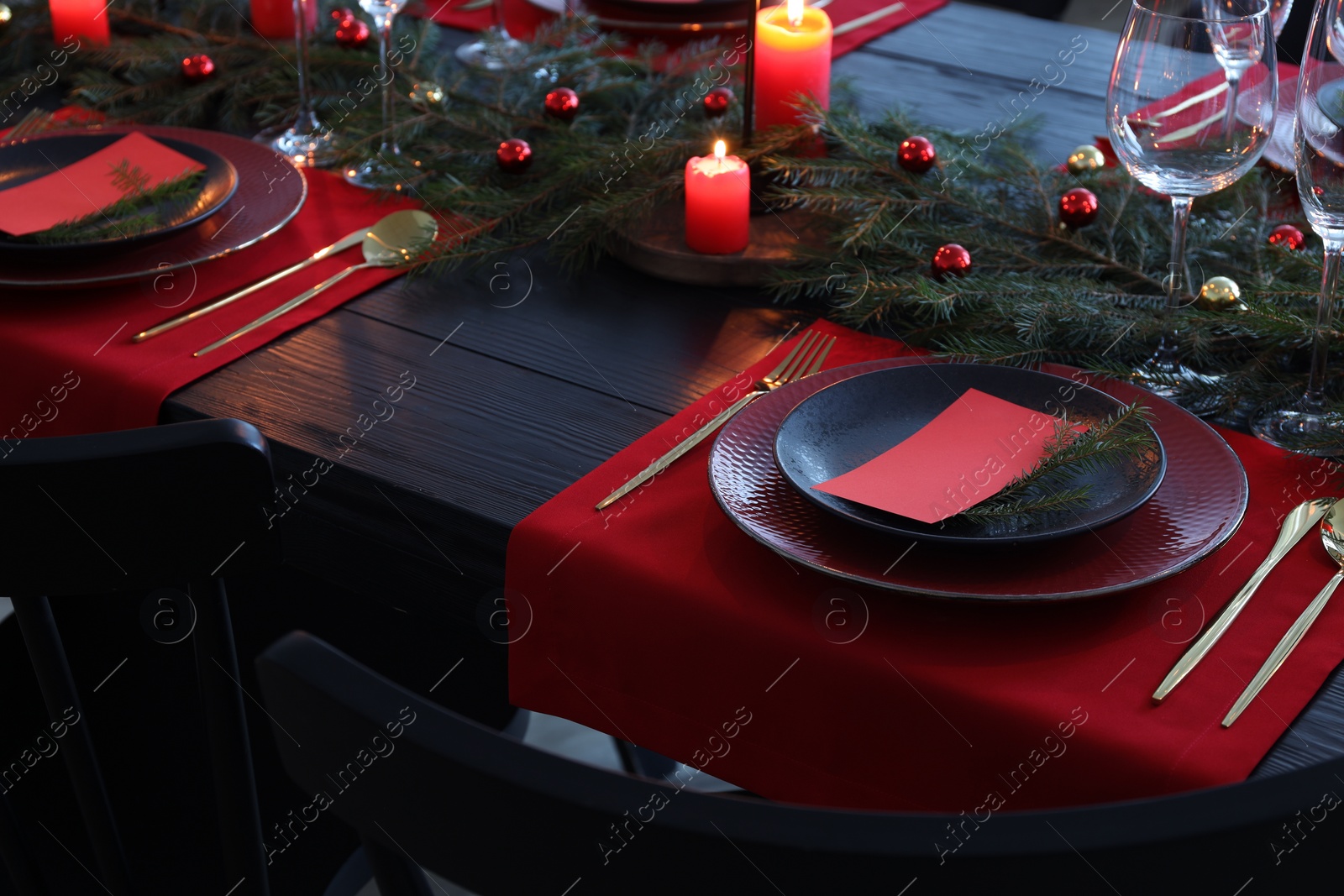 Photo of Elegant Christmas table setting with blank place cards and festive decor