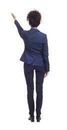 Photo of Businesswoman in suit pointing at something on white background, back view