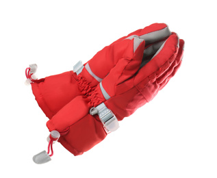 Woman wearing red ski gloves on white background, closeup. Winter sports clothes