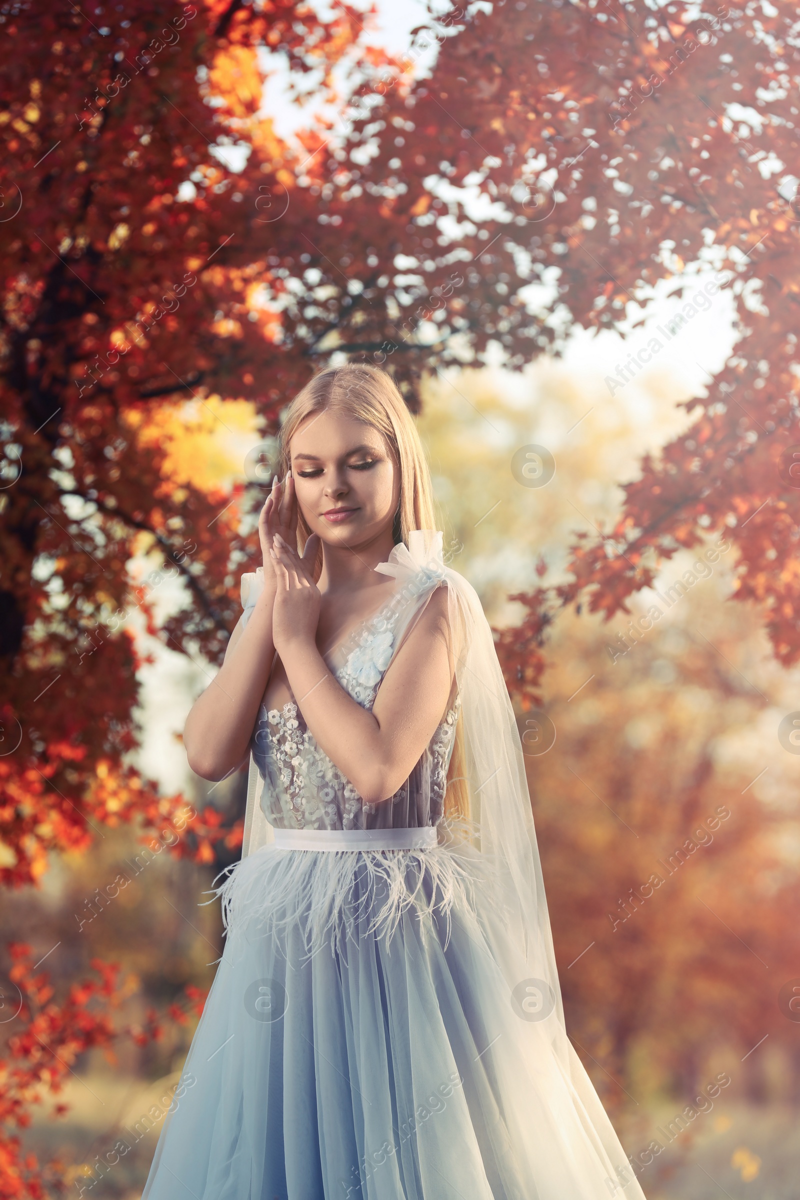 Photo of Beautiful girl wearing fairy dress in autumn forest