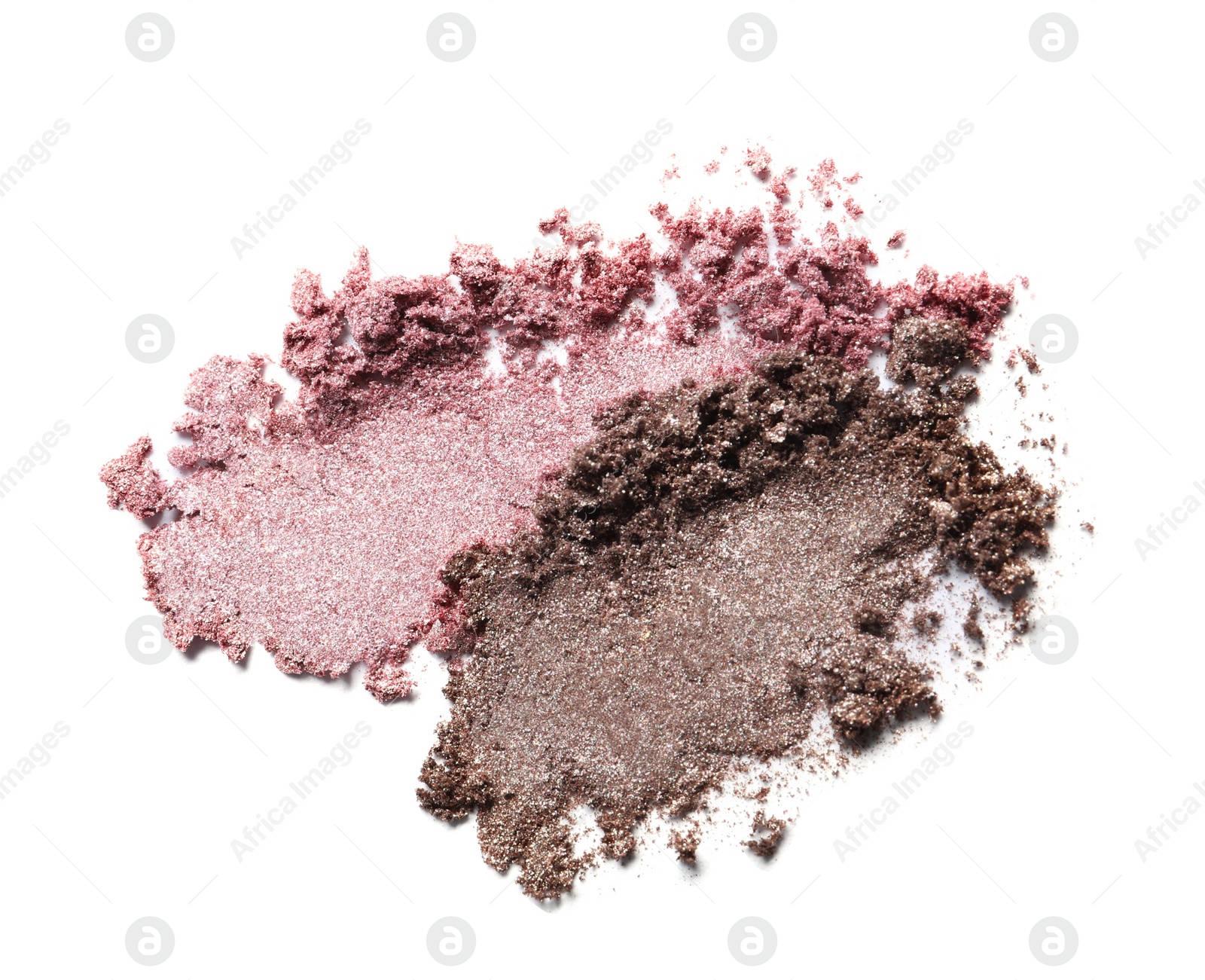 Photo of Crushed eye shadows on white background, top view. Professional makeup product