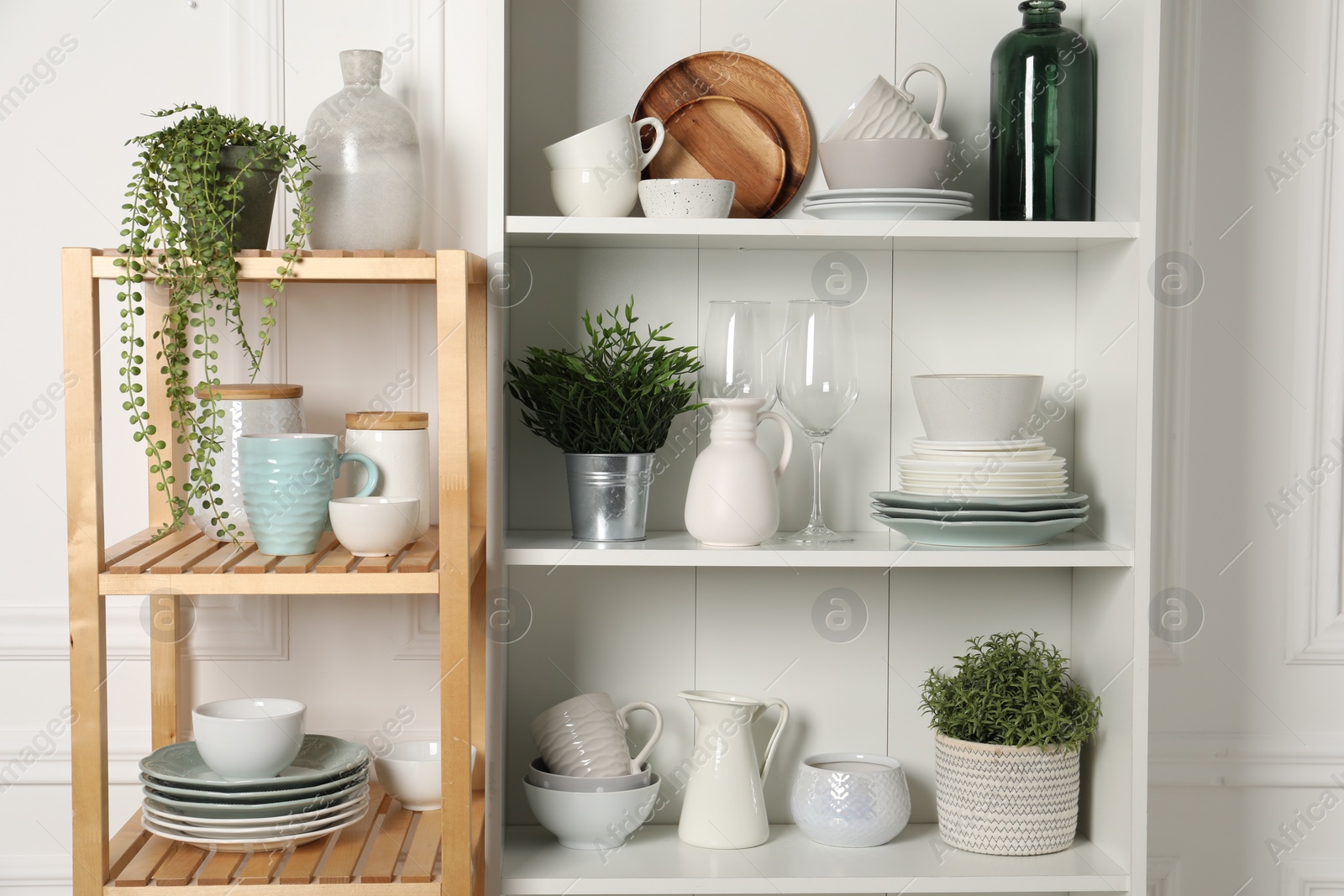 Photo of Different clean dishware and houseplants on shelves in cabinet indoors