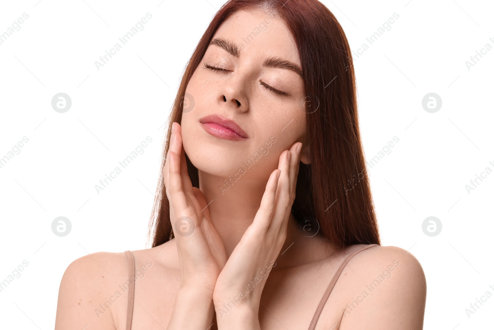 Photo of Portrait of beautiful woman on white background