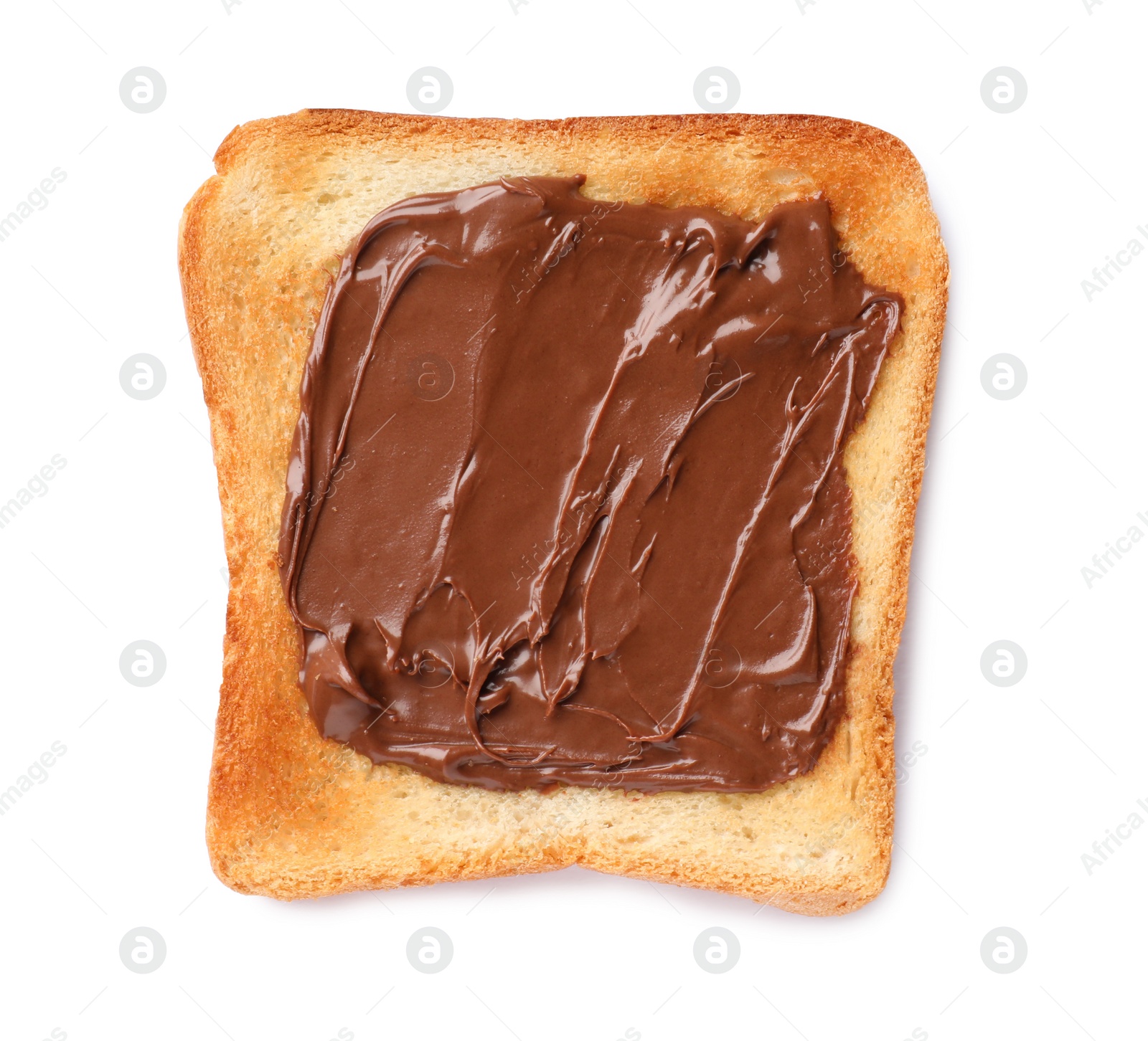 Photo of Tasty toast with chocolate paste isolated on white, top view