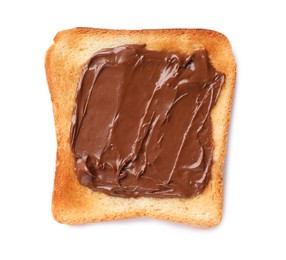 Photo of Tasty toast with chocolate paste isolated on white, top view