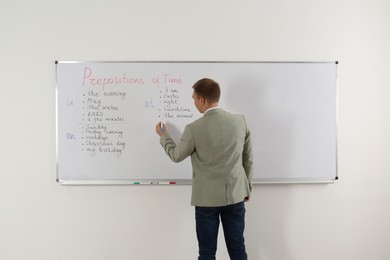 English teacher giving lesson on prepositions of time near whiteboard in classroom, back view