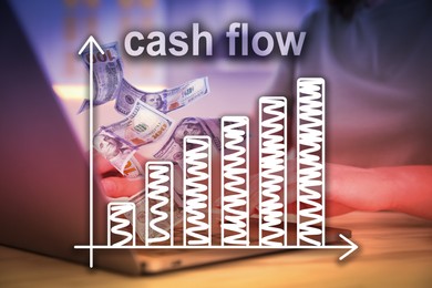 Image of Cash Flow concept. Illustration of graph and woman using laptop at table for earning money