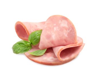 Photo of Tasty ham with basil isolated on white