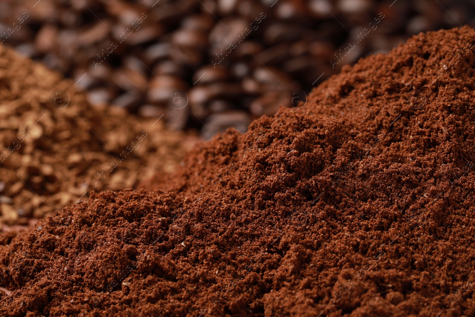 Photo of Different types of coffee as background, closeup