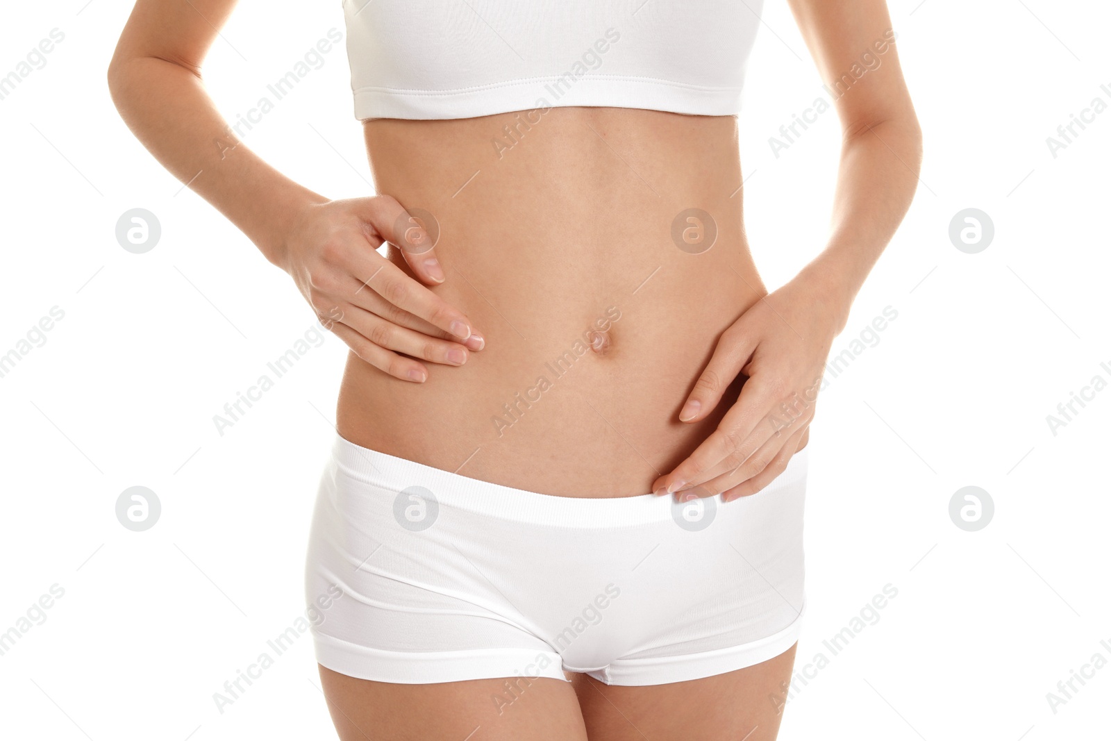 Photo of Young woman showing smooth silky skin after epilation on white background