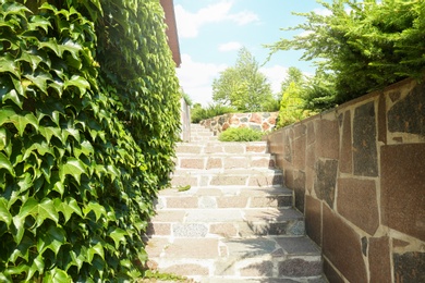 Landscape with beautiful garden and stone stairs on sunny day